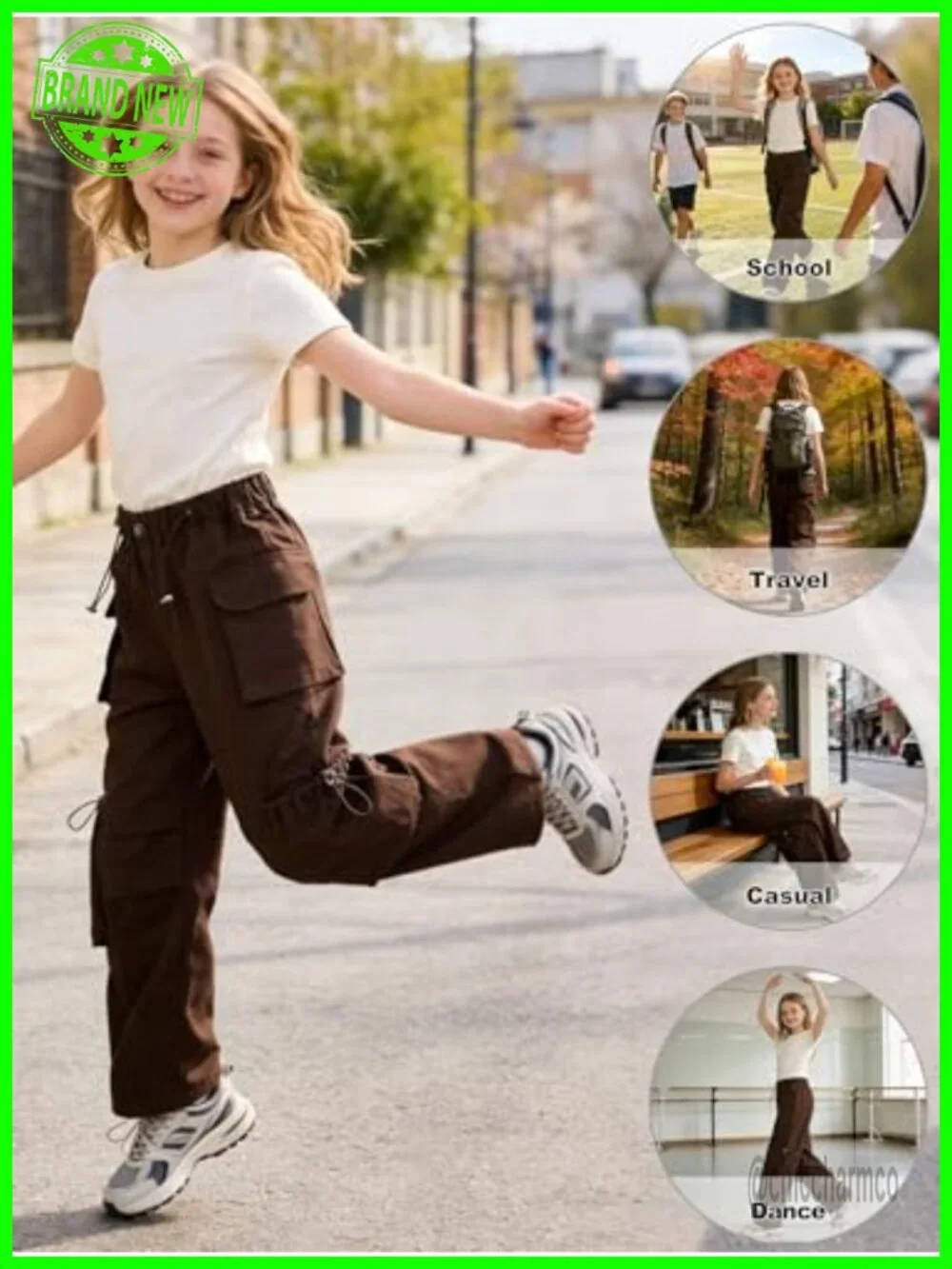 Girls Cargo Pants Multi-Pocket Straight Leg Elastic Waist Streetwear Hip Hop - Picture 7 of 7